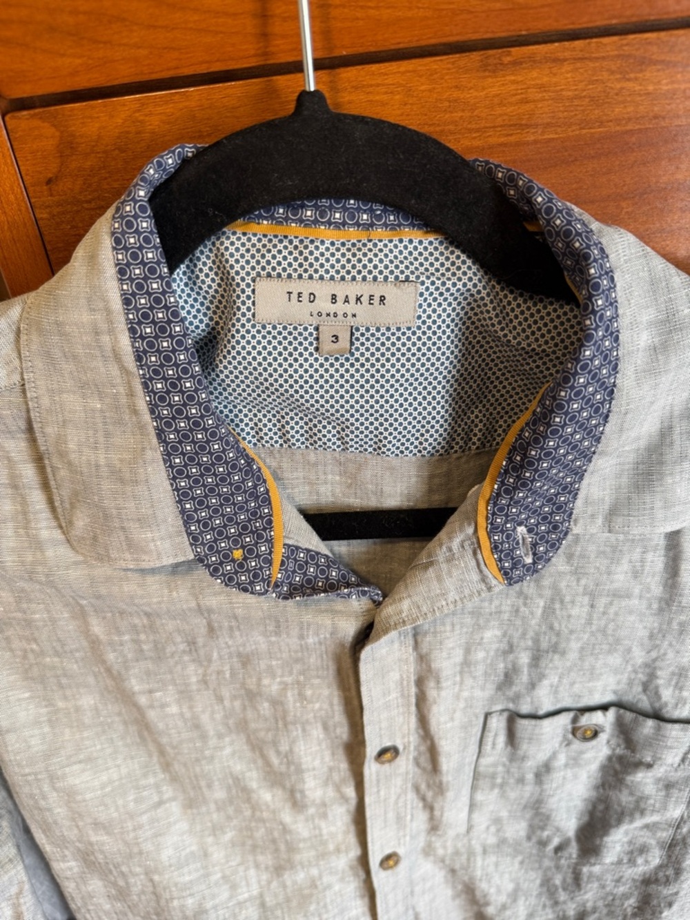 Ted Baker Men's Light Gray Linen Shirt with Navy Patterned Collar